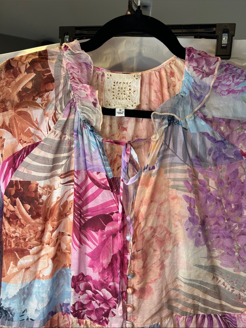 Johnny WAS Boho Floral Tie-Neck Peasant DRESS
